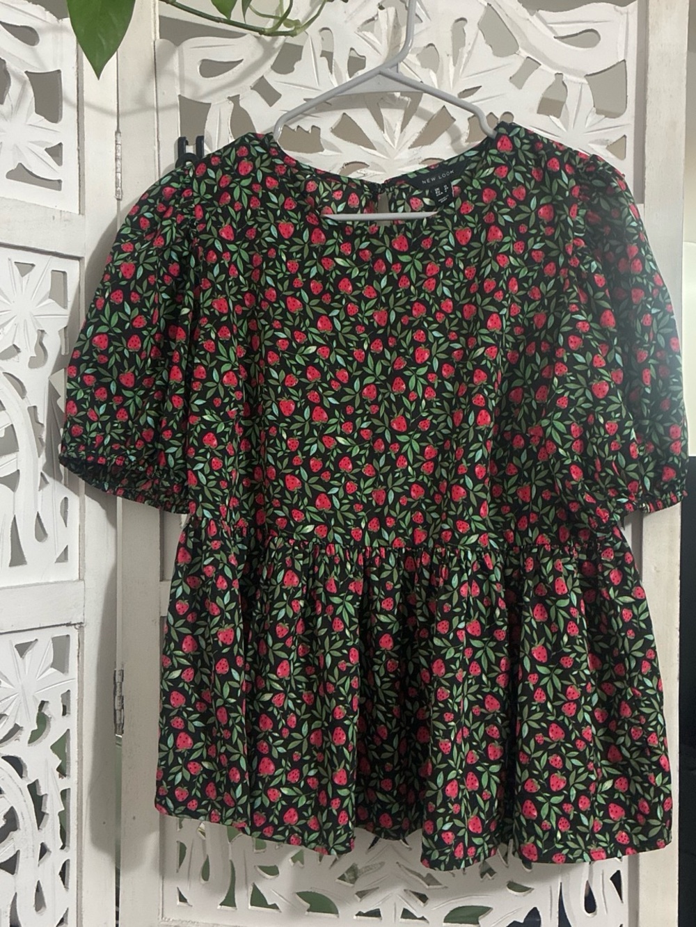 New Look Black Strawberry Print Peplum Blouse with Green Leaf Motif
